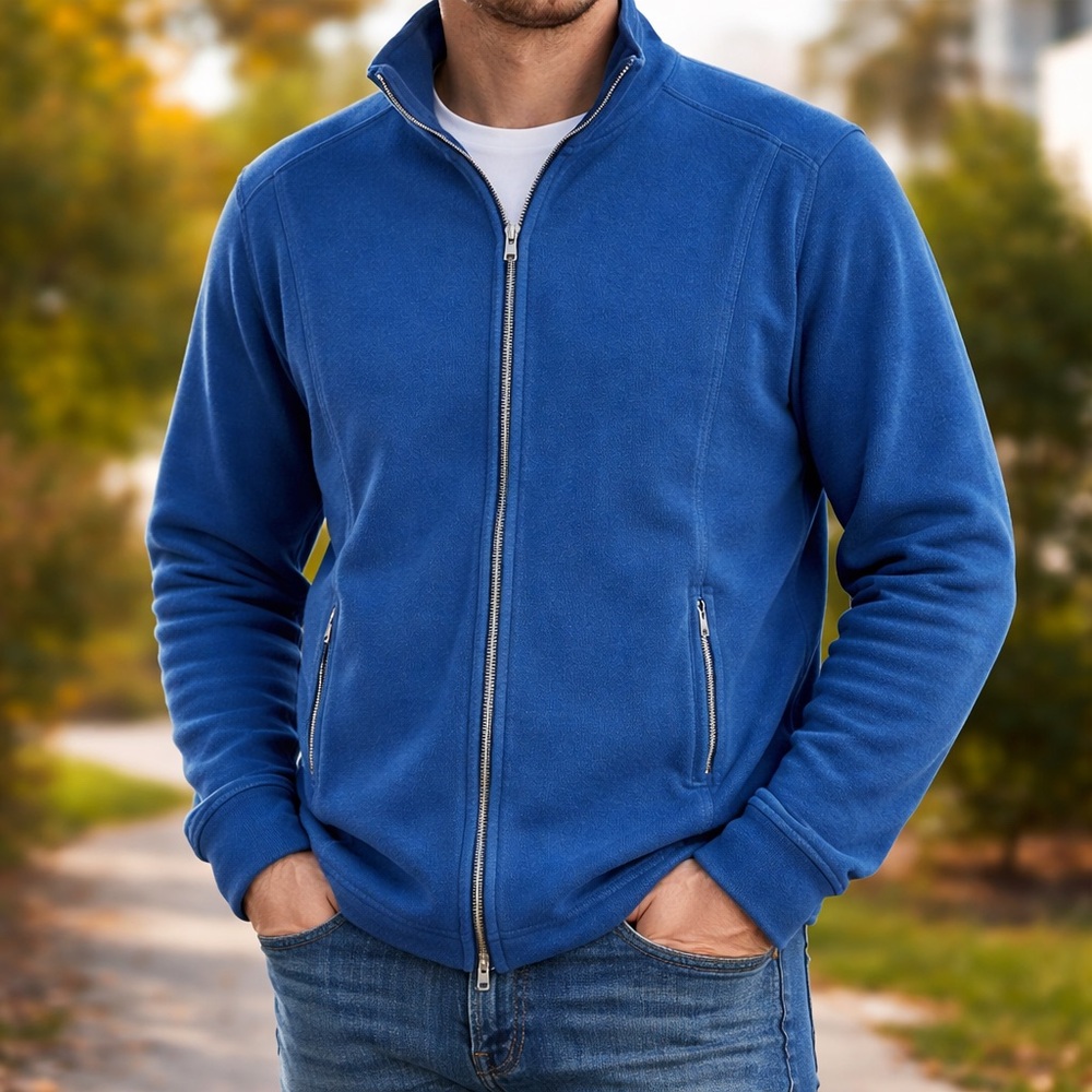 Kirkland Signature Men's Full Zip Jacket Blue Cotton Blend Mock Neck Size S